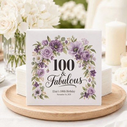 Lavender Rose & Poppy 100th Birthday Napkins, Personalized