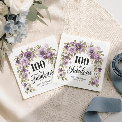 Lavender Rose & Poppy 100th Birthday Napkins, Personalized