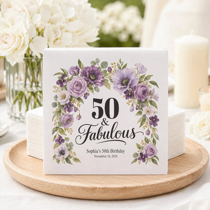 50th Birthday Napkins, Personalized Purple Floral Design