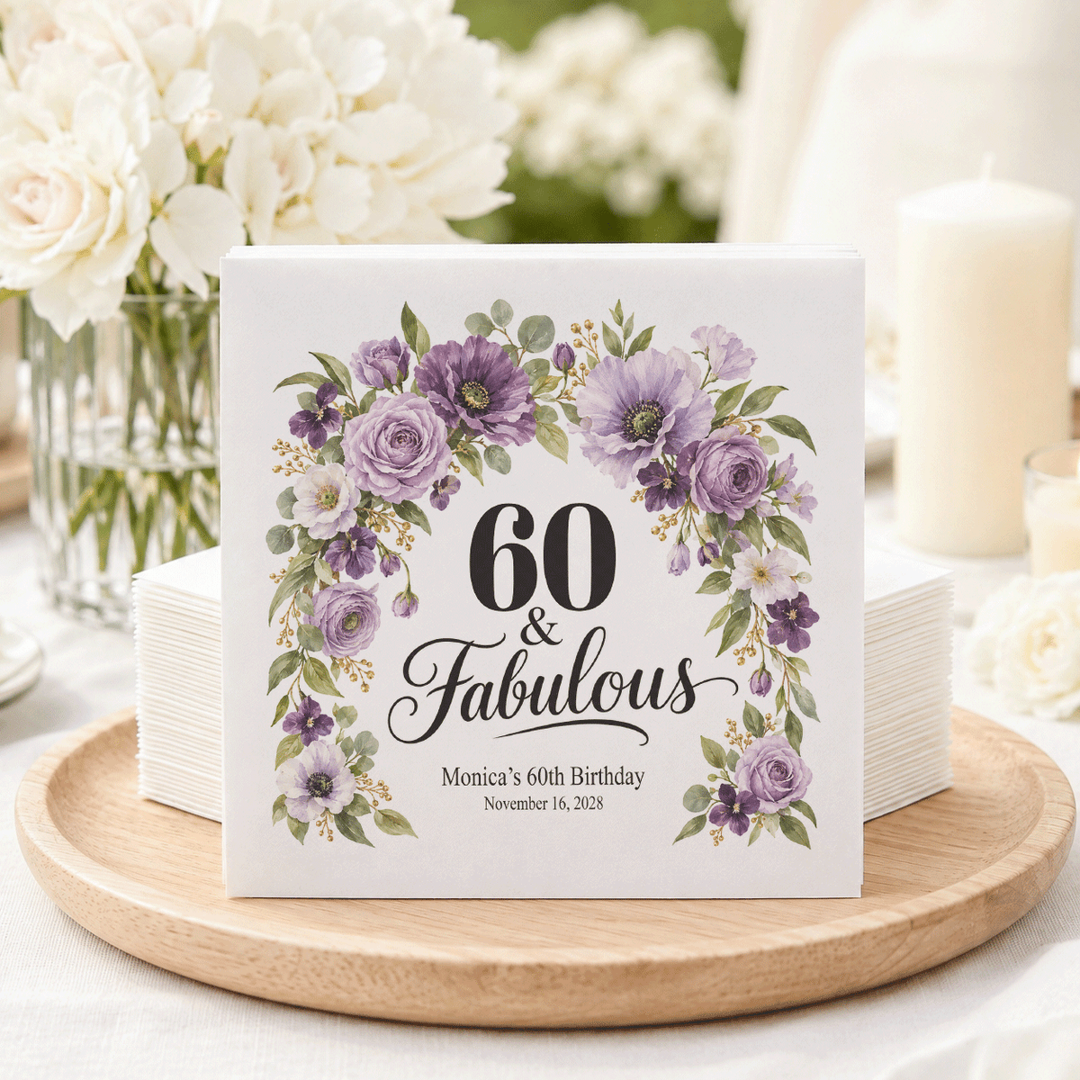 60th Birthday Napkins, Lavender Flowers and Custom Text