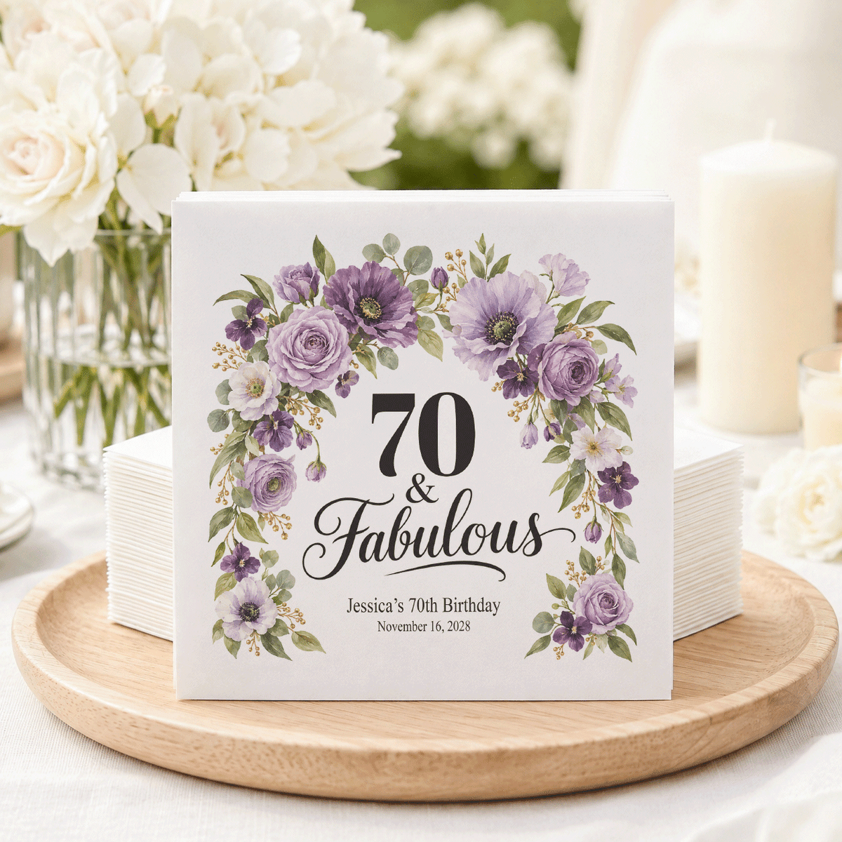 70th Birthday Napkins, Personalized Purple Flower Arch