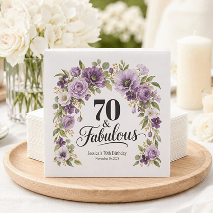 70th Birthday Napkins, Personalized Purple Flower Arch