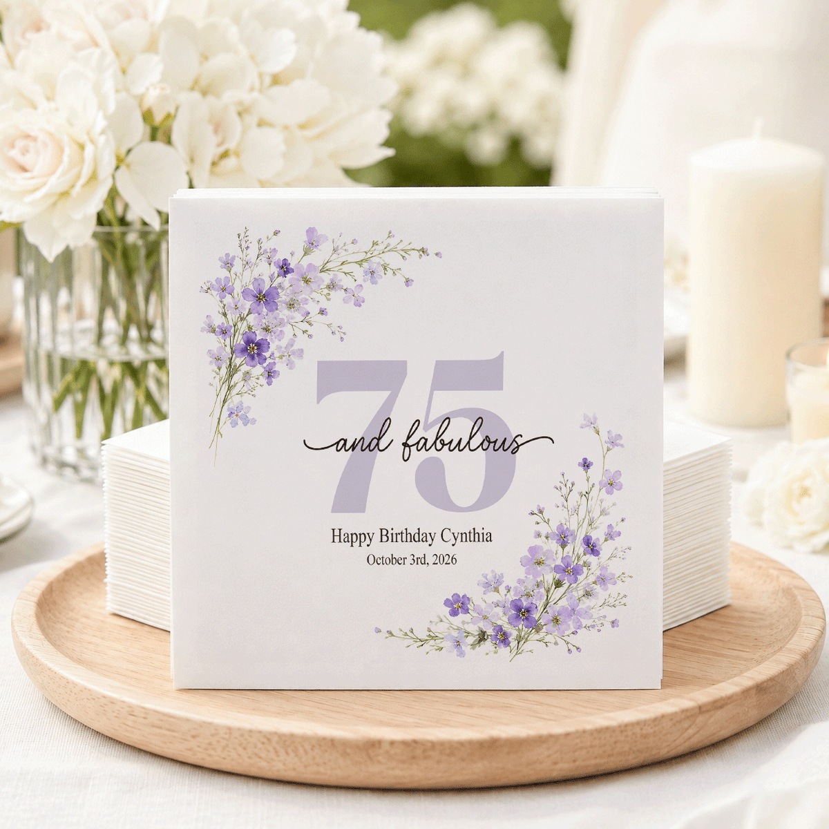 75th Birthday Napkins, Lavender Wildflowers and Script