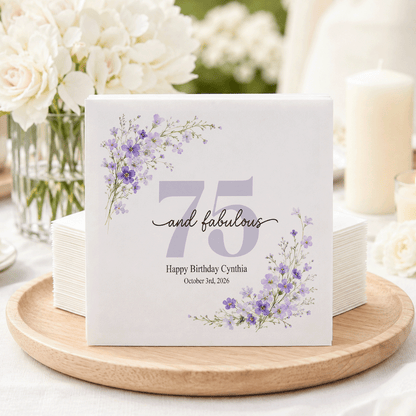 75th Birthday Napkins, Lavender Wildflowers and Script