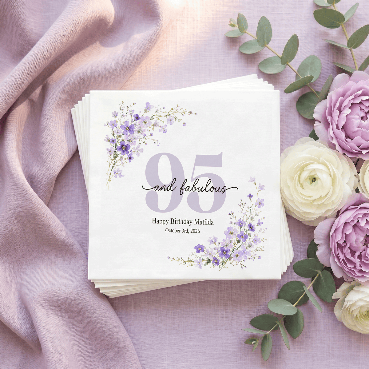 95th-birthday, birthday-napkins, lilac-wildflowers, and-fabulous, personalized-message, custom-date, cocktail-napkins, luncheon-napkins, garden-party, party-supplies