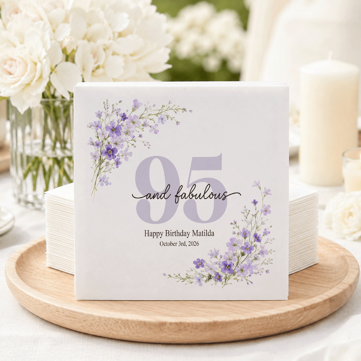 95th Birthday Napkins, Delicate Wildflowers in Lilac