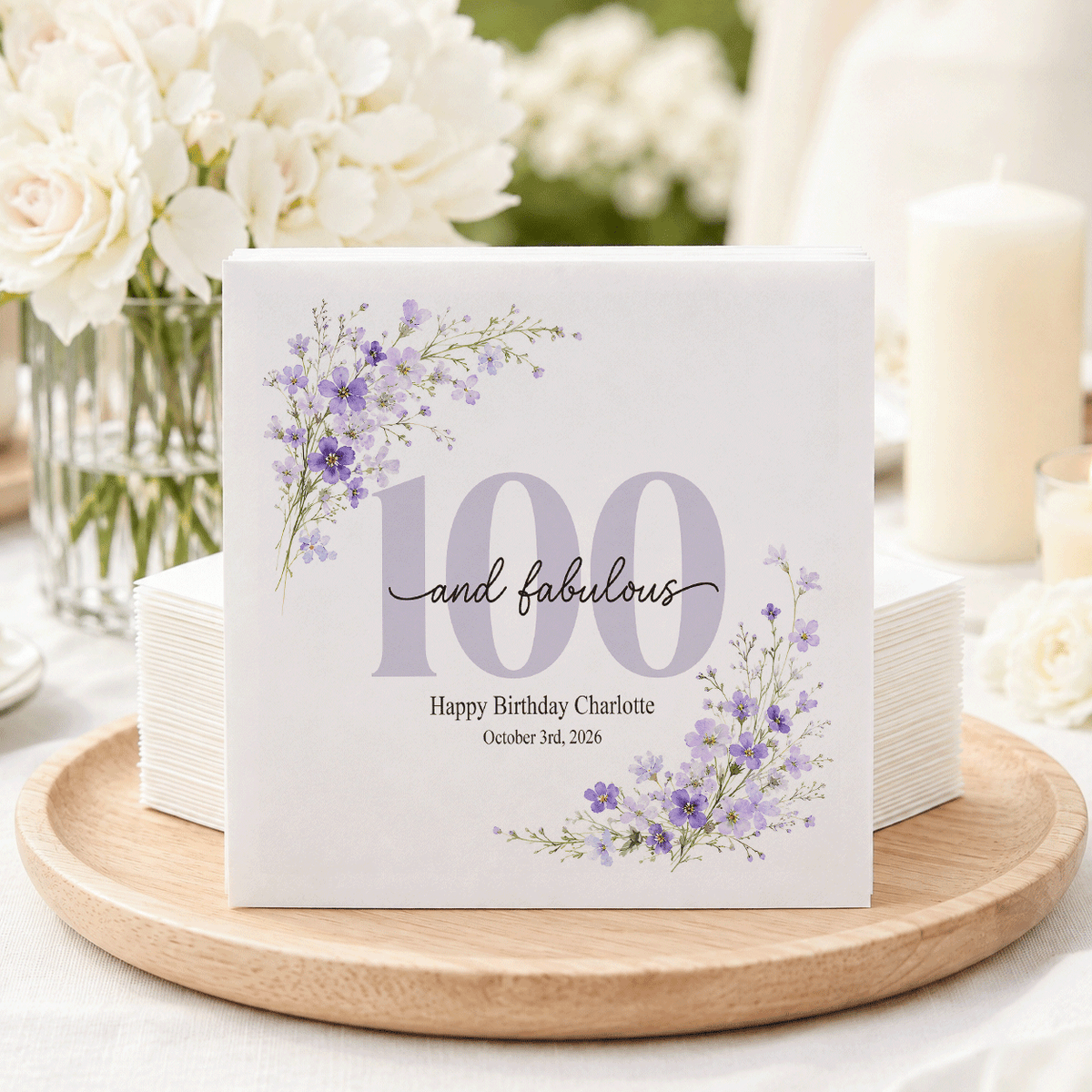 100th Birthday Napkins, Personalized Lilac Wildflowers