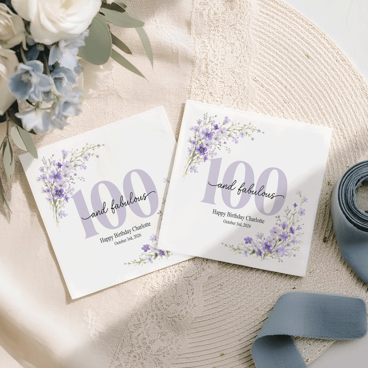 100th Birthday Napkins, Personalized Lilac Wildflowers