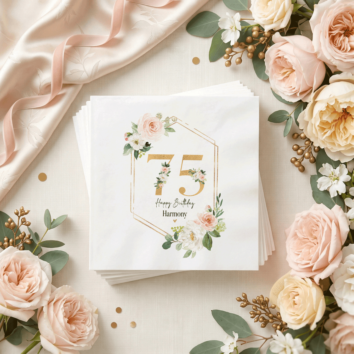 75th Birthday Napkins, Peach Roses and Gold Geometric Frame