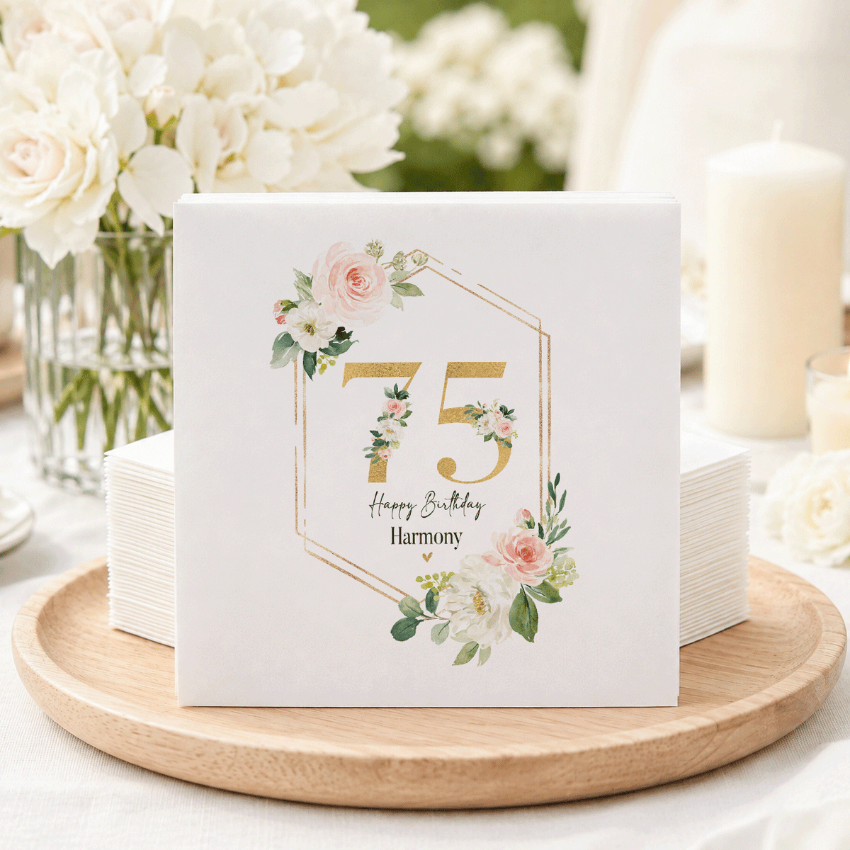 75th Birthday Napkins, Peach Roses and Gold Geometric Frame
