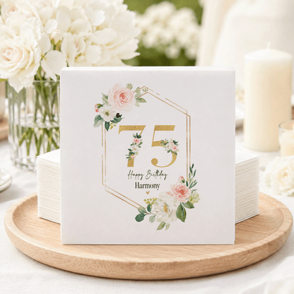 75th Birthday Napkins, Peach Roses and Gold Geometric Frame