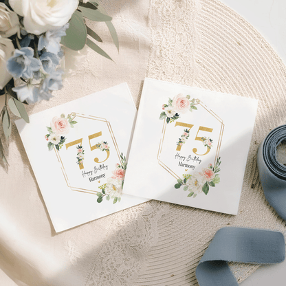 75th Birthday Napkins, Peach Roses and Gold Geometric Frame