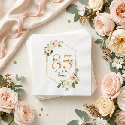 Floral 85th Birthday Napkins, Peach Roses and Gold Frame