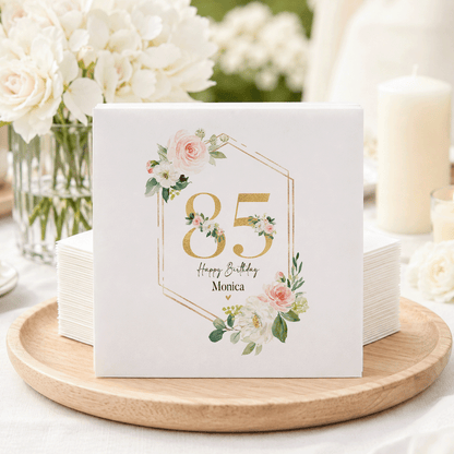 Floral 85th Birthday Napkins, Peach Roses and Gold Frame