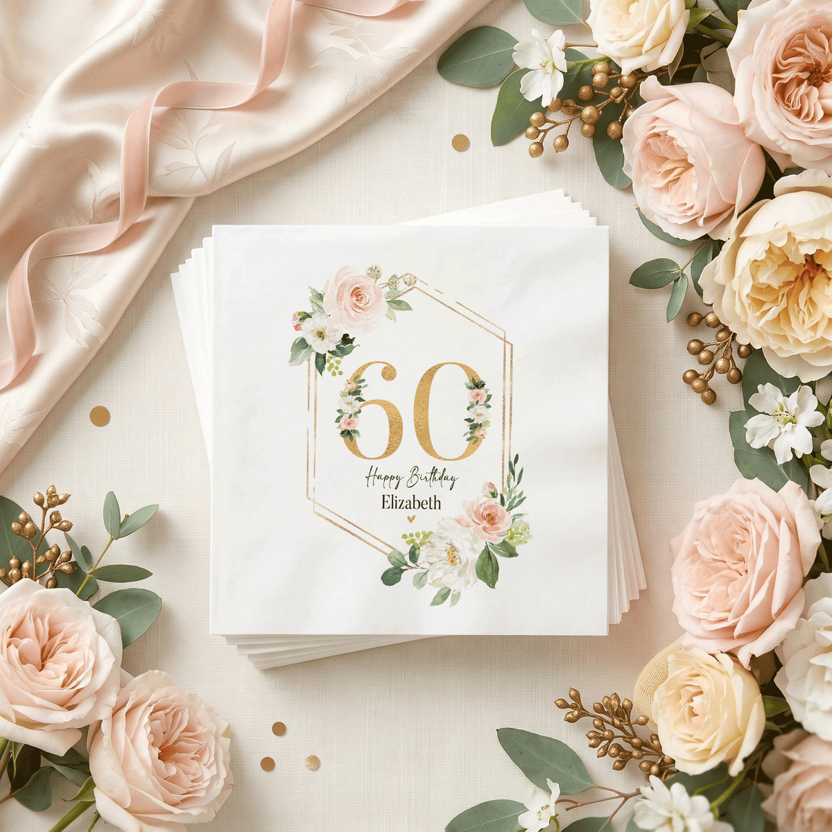 60th Birthday Napkins with Peach Roses and a Gold Frame