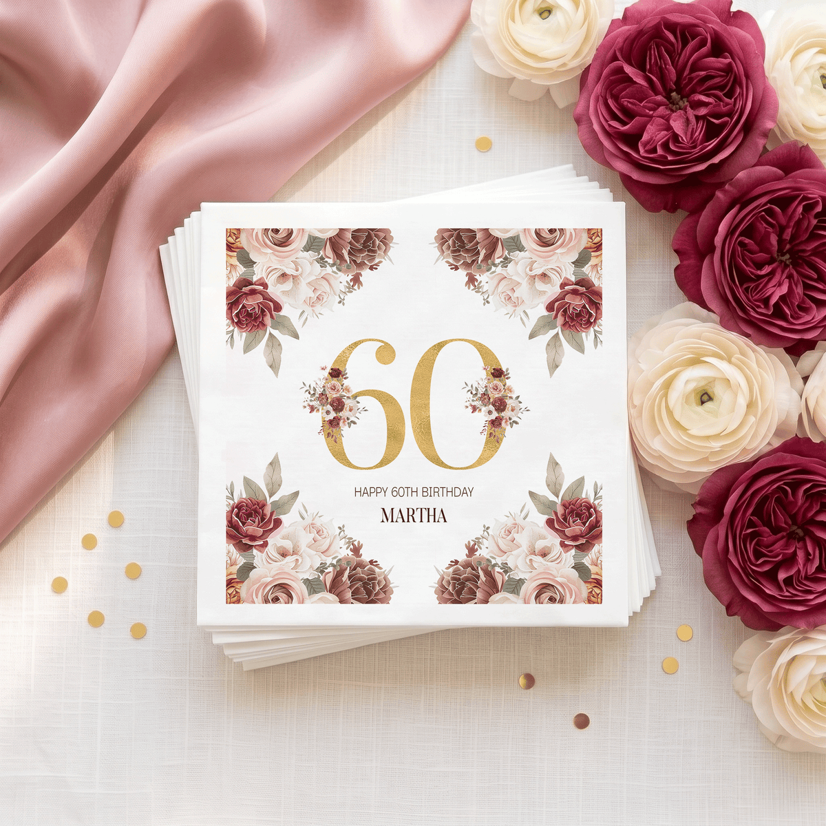 Burgundy 60th Birthday Napkins with Blush Roses and Gold