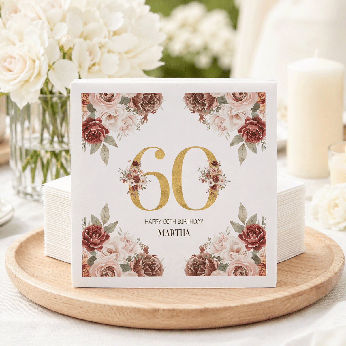 Burgundy 60th Birthday Napkins with Blush Roses and Gold