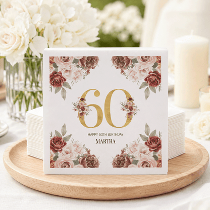 Burgundy 60th Birthday Napkins with Blush Roses and Gold