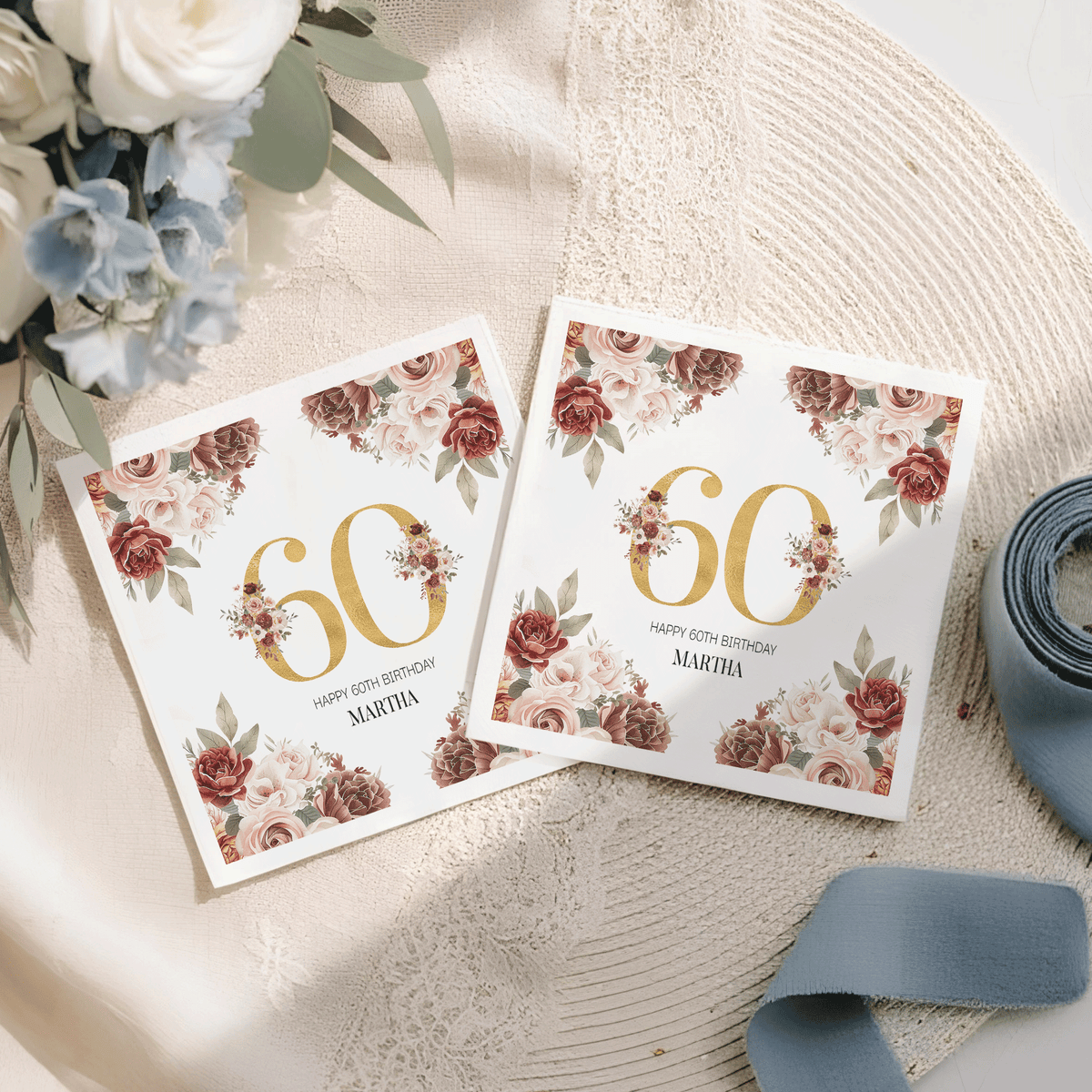 Burgundy 60th Birthday Napkins with Blush Roses and Gold