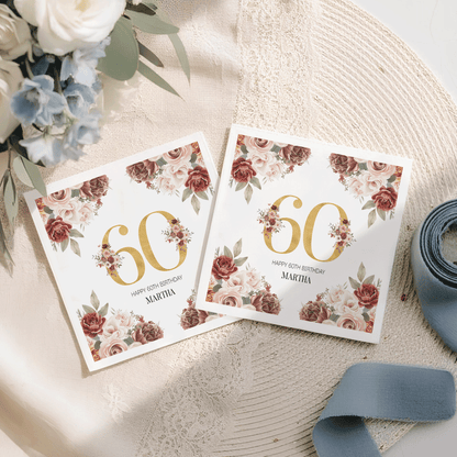 Burgundy 60th Birthday Napkins with Blush Roses and Gold
