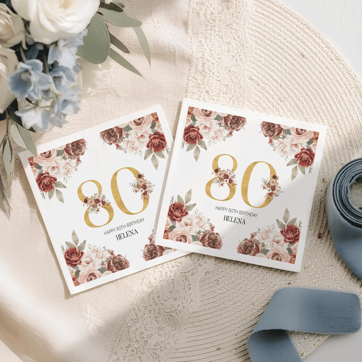 Blush Rose 80th Birthday Napkins with Burgundy Florals