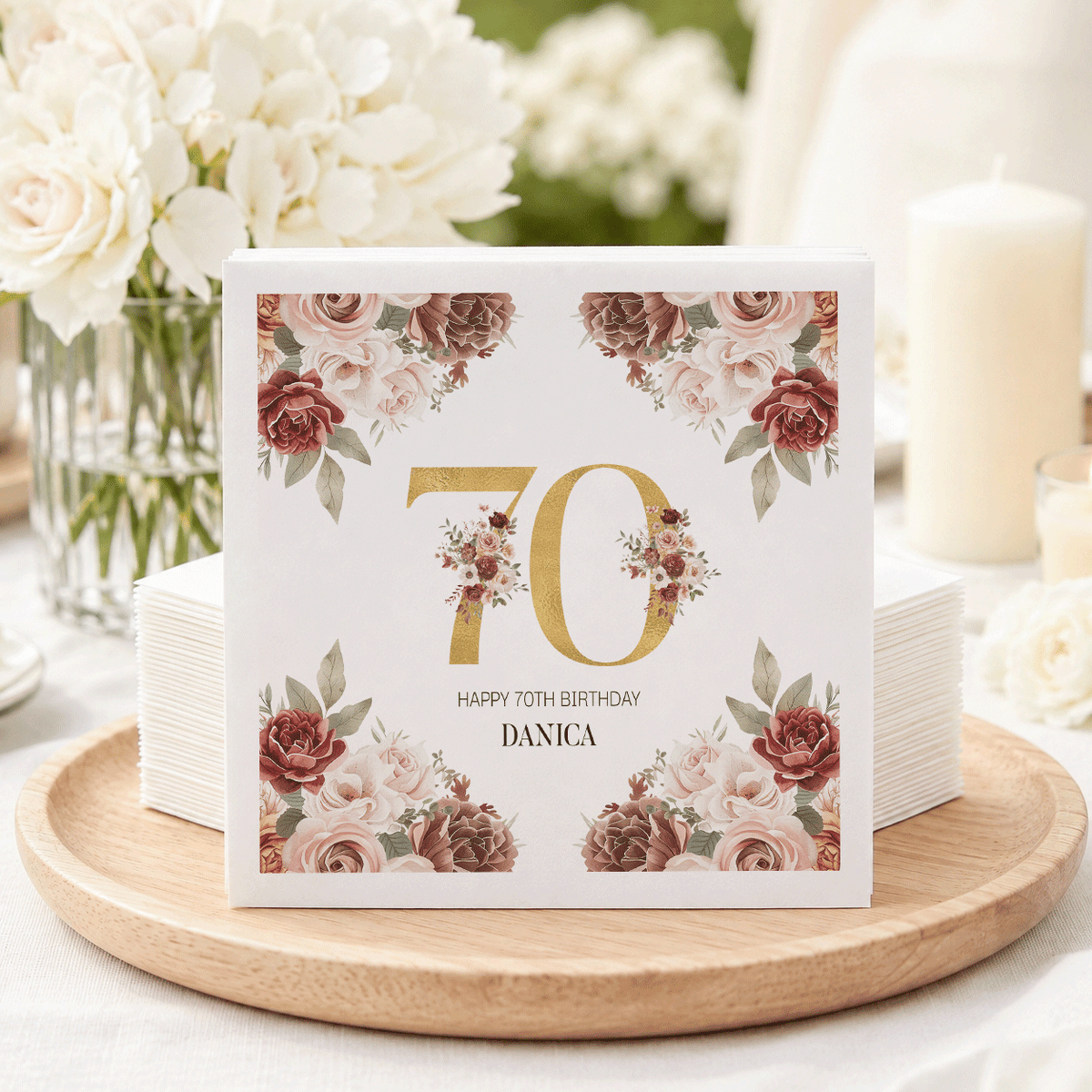 Vintage Floral 70th Birthday Napkins in Burgundy and Blush