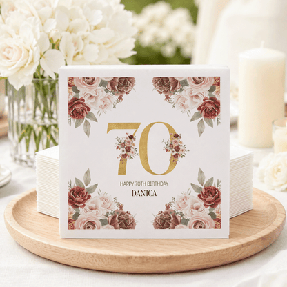 Vintage Floral 70th Birthday Napkins in Burgundy and Blush