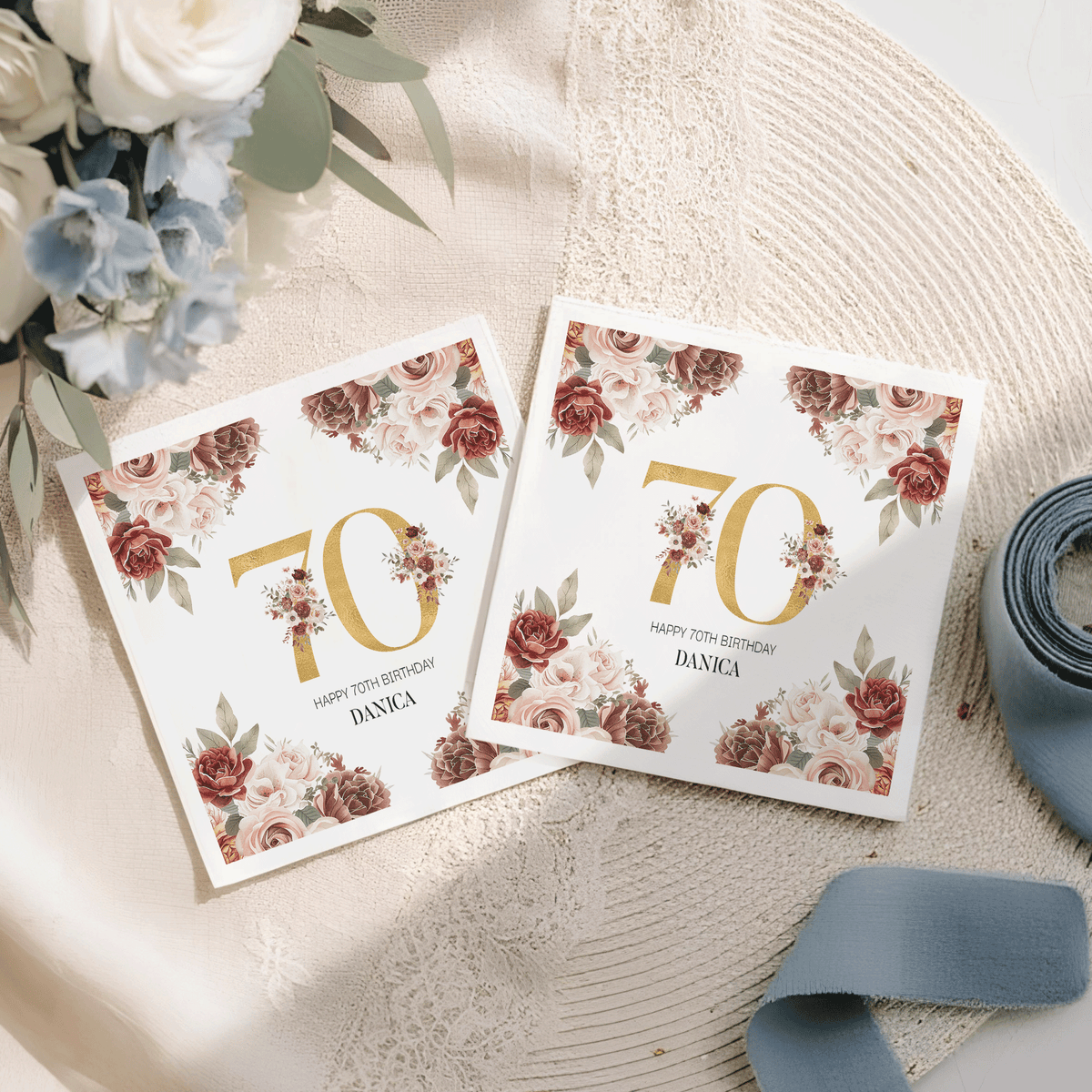 Vintage Floral 70th Birthday Napkins in Burgundy and Blush