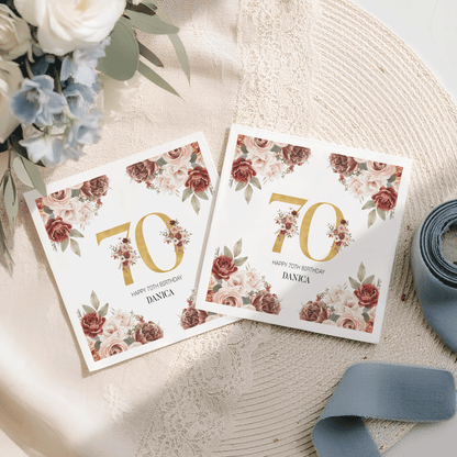 Vintage Floral 70th Birthday Napkins in Burgundy and Blush