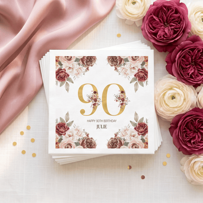 90th Birthday Floral Napkins in Burgundy, Blush and Gold