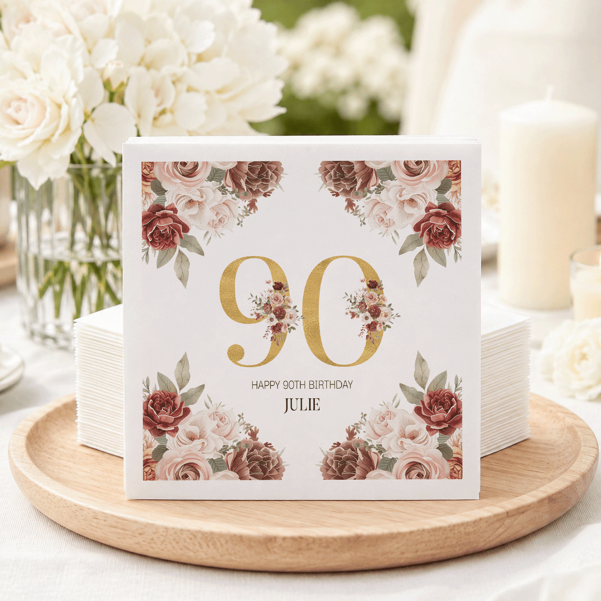 90th Birthday Floral Napkins in Burgundy, Blush and Gold