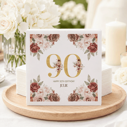 90th Birthday Floral Napkins in Burgundy, Blush and Gold