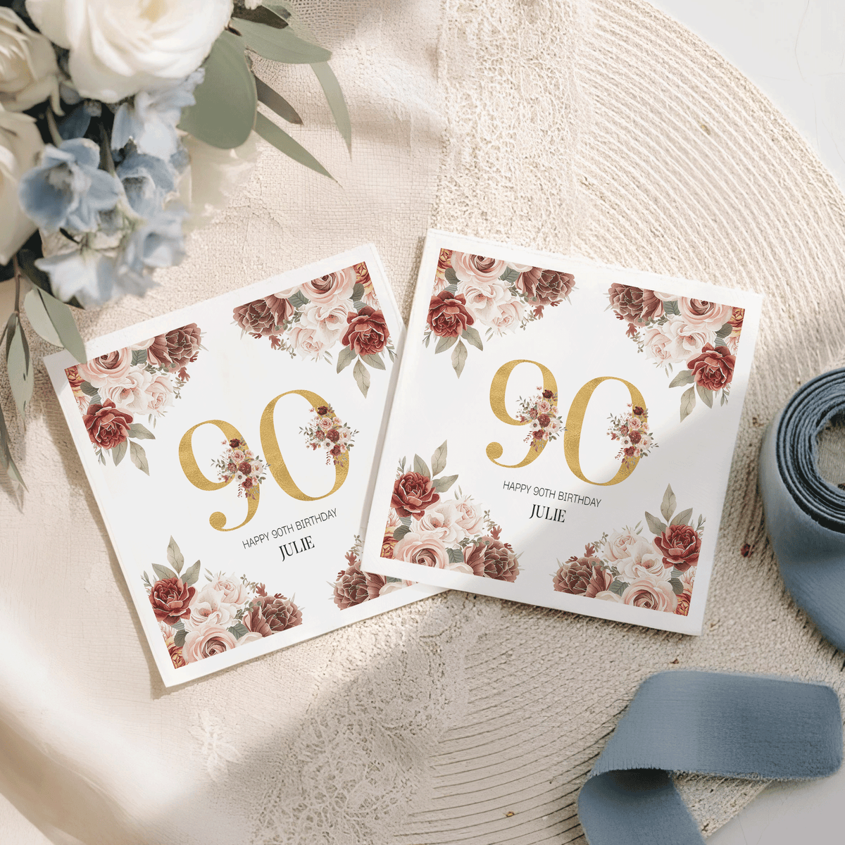 90th Birthday Floral Napkins in Burgundy, Blush and Gold