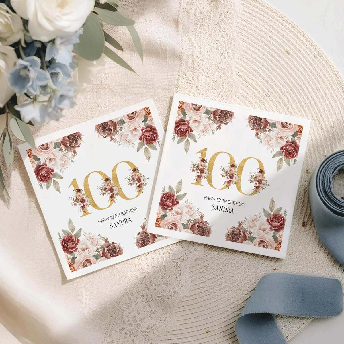 Floral 100th Birthday Napkins with Burgundy and Blush Roses