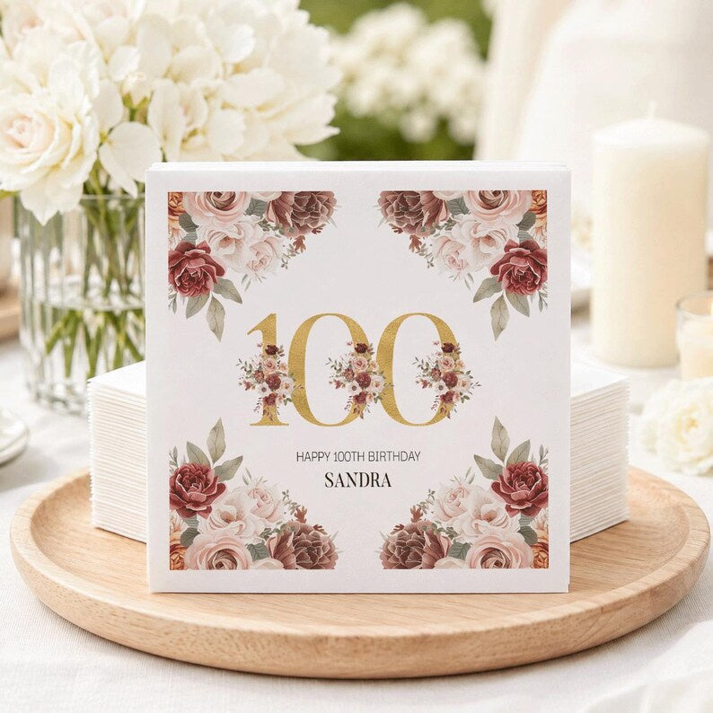 Floral 100th Birthday Napkins with Burgundy and Blush Roses