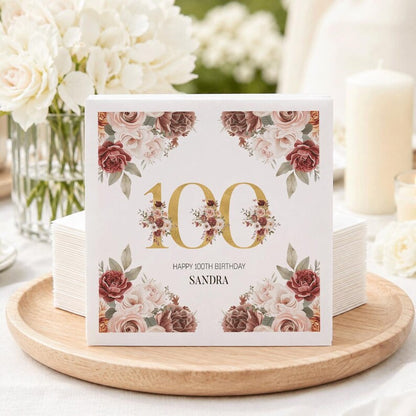 Floral 100th Birthday Napkins with Burgundy and Blush Roses