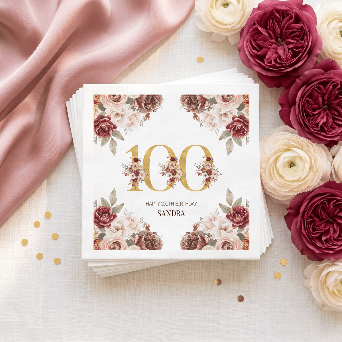 Floral 100th Birthday Napkins with Burgundy and Blush Roses