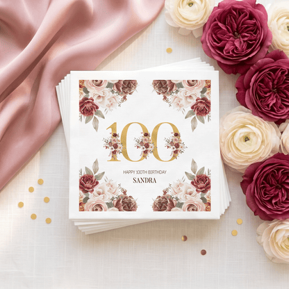 Floral 100th Birthday Napkins with Burgundy and Blush Roses