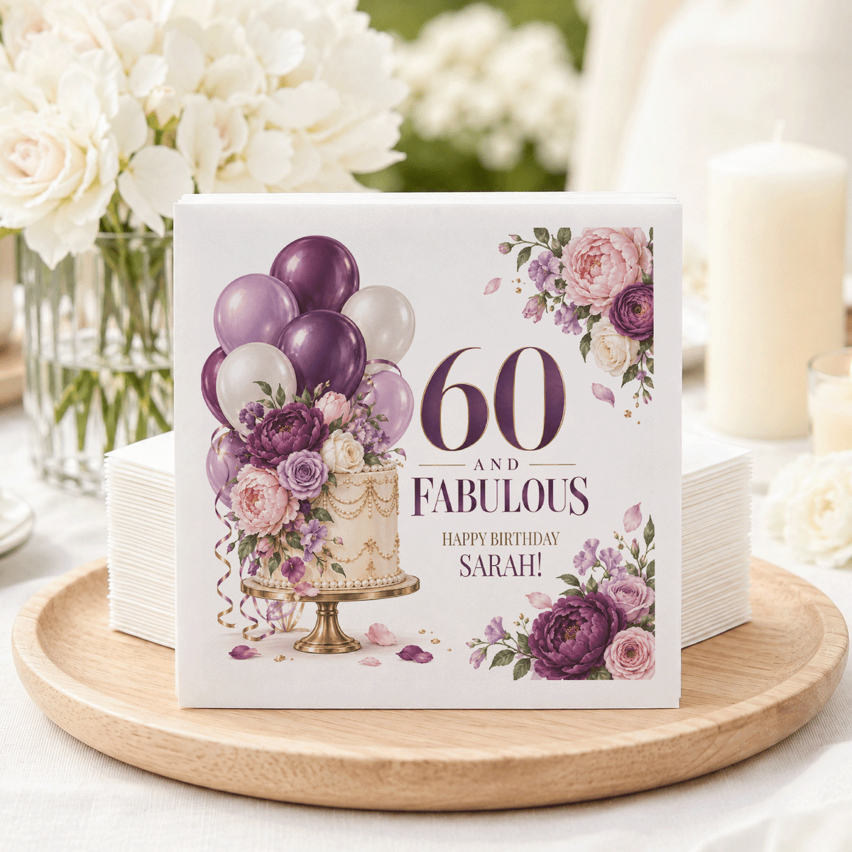 60th Birthday Cake Napkins in Plum and Lilac, Personalized