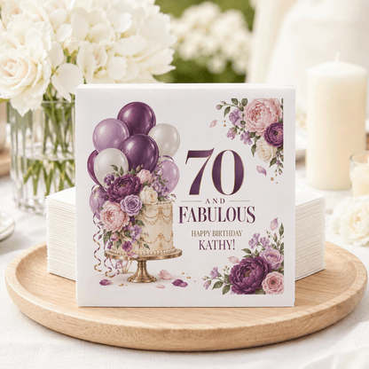 Lilac 70th Birthday Napkins with Floral Cake and Balloons
