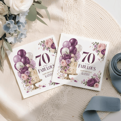 Lilac 70th Birthday Napkins with Floral Cake and Balloons