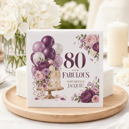 Floral Cake 80th Birthday Napkins, Plum and Lilac Balloons
