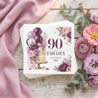 Plum 90th Birthday Napkins with Cake, Flowers and Balloons