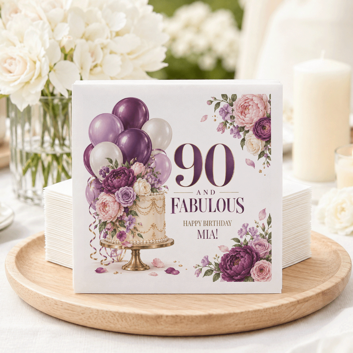 Plum 90th Birthday Napkins with Cake, Flowers and Balloons