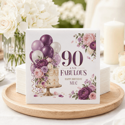 Plum 90th Birthday Napkins with Cake, Flowers and Balloons