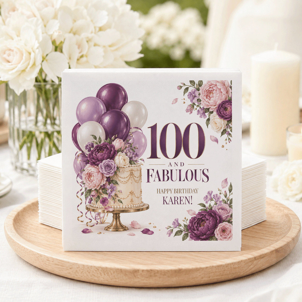100th Birthday Balloon Napkins with a Purple Floral Cake