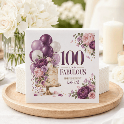 100th Birthday Balloon Napkins with a Purple Floral Cake
