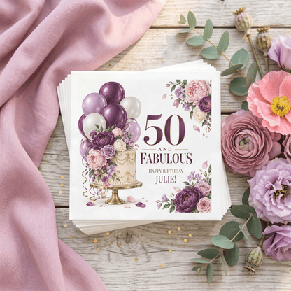 50th Birthday Cake and Balloon Napkins in Plum and Lilac