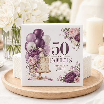 50th Birthday Cake and Balloon Napkins in Plum and Lilac