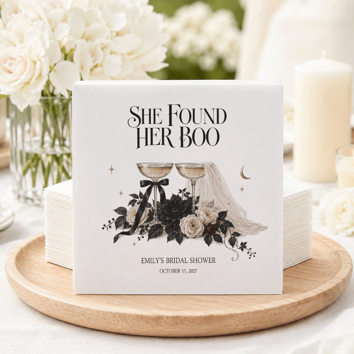 She Found Her Boo Bridal Shower Napkins, Black Florals